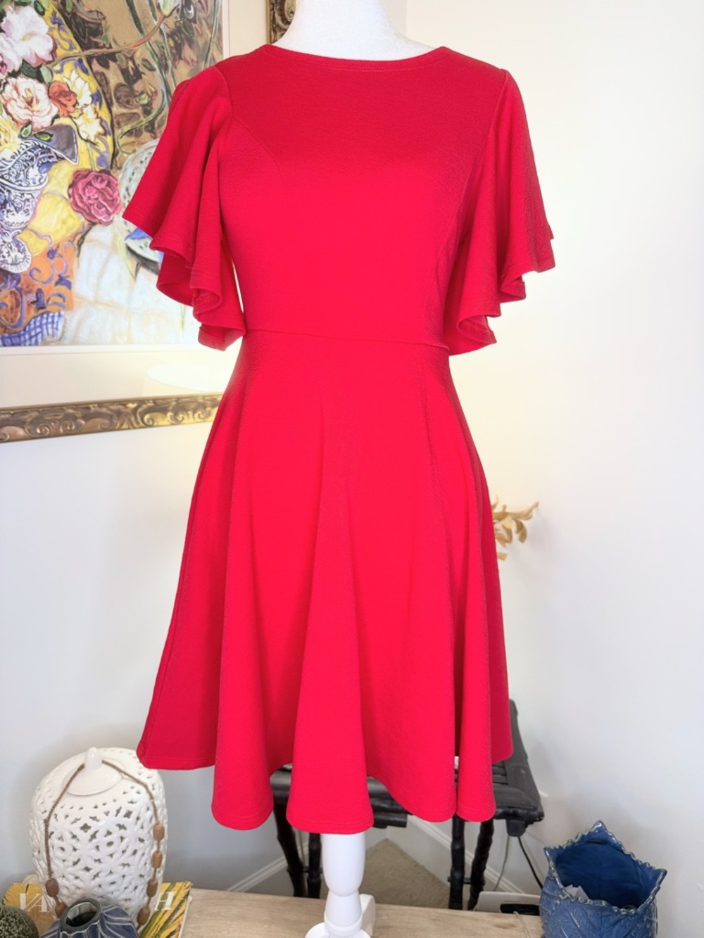 H&M Red Fit Flare Skater Dress XS Flutter Sleeve A-Line Stretch